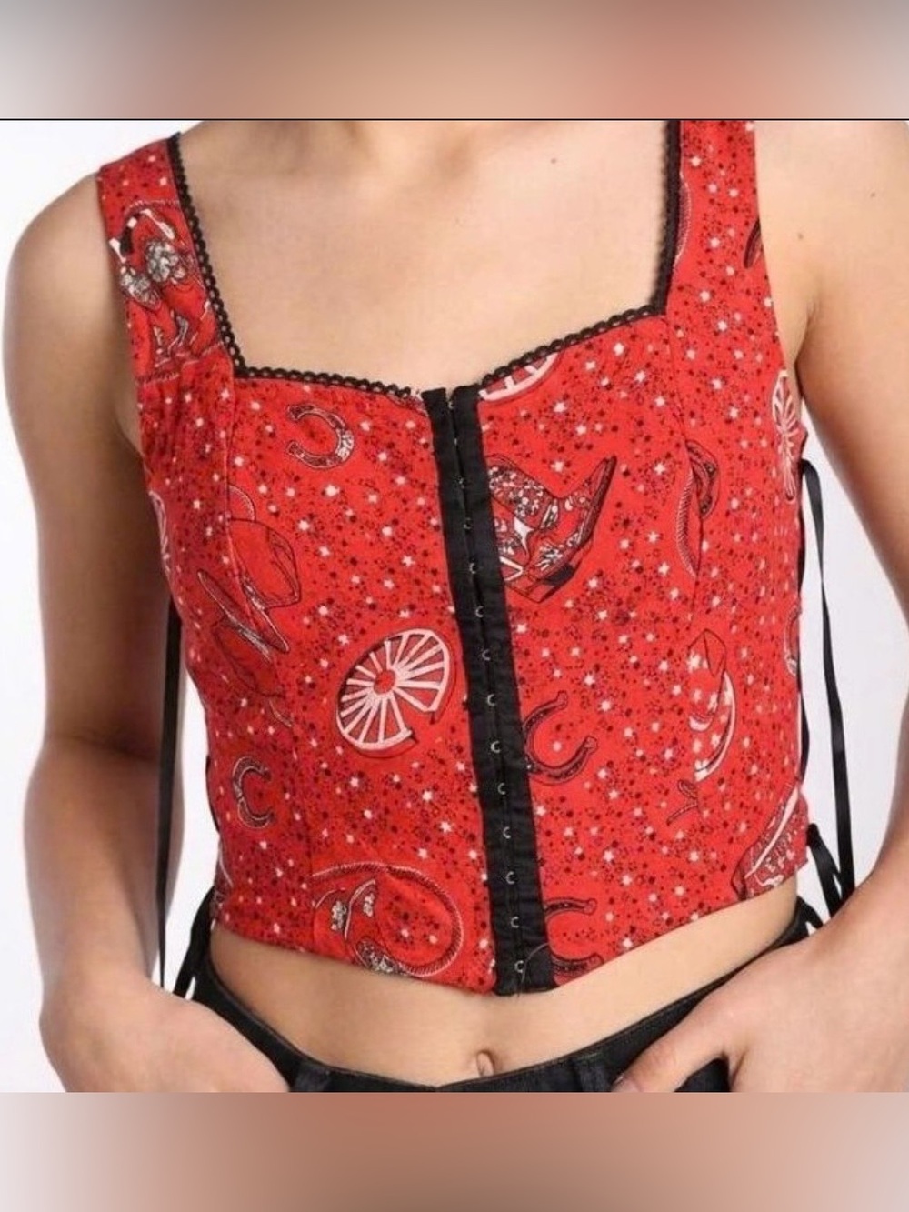 Red Western-Print Hook & Eye Crop Top Linen Blend Cowgirl Rodeo Festival Size S